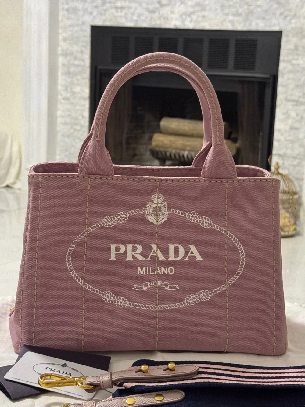 Prada canapa small tote canvas handbag top 2 way .Very clean like new. W/COA